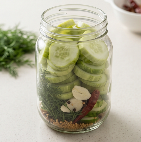 수제버거용 딜 피클 | 미국식 피클 조리 단계 2 이미지 - 유리병 바닥에 생 딜 절반, 슬라이스한 마늘, 통후추, 겨자씨, 페퍼론치
