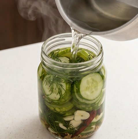 수제버거용 딜 피클 | 미국식 피클 조리 단계 4 이미지 - 끓인 피클물을 오이가 담긴 유리병에 바로 붓는다. 딜이 뜨거운 피클물에 