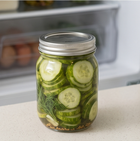 수제버거용 딜 피클 | 미국식 피클 조리 단계 5 이미지 - 병이 완전히 식으면 뚜껑을 닫아 냉장고에 넣는다. 최소 2~3일 숙성 후