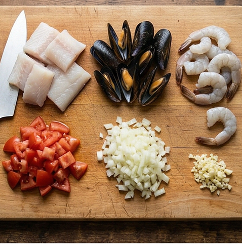 부야베스 | 프랑스 가정식 조리 단계 1 이미지 - 흰살생선은 한입 크기로 자르고, 홍합은 깨끗이 씻고, 새우는 껍질을 벗긴