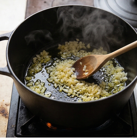 부야베스 | 프랑스 가정식 조리 단계 2 이미지 - 넓은 냄비에 올리브유를 두르고 중불에서 양파와 마늘을 2분간 볶아 향을 