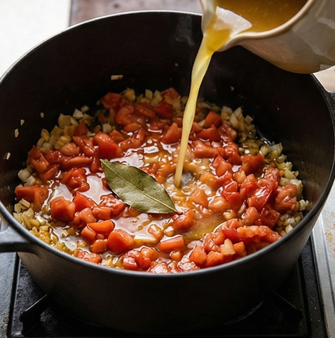부야베스 | 프랑스 가정식 조리 단계 3 이미지 - 깍둑썬 토마토와 월계수잎을 넣고 2분간 더 볶은 후, 생선 또는 해산물 