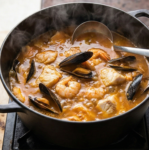 부야베스 | 프랑스 가정식 조리 단계 4 이미지 - 국물이 끓기 시작하면 흰살생선, 홍합, 새우를 넣고 중불에서 7분간 끓인