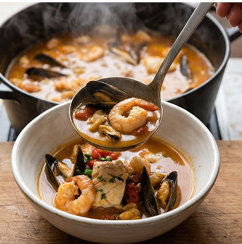 부야베스 | 프랑스 가정식 조리 단계 5 이미지 - 소금으로 간을 맞추고 불을 끈 뒤, 그릇에 조심스럽게 담아낸다.