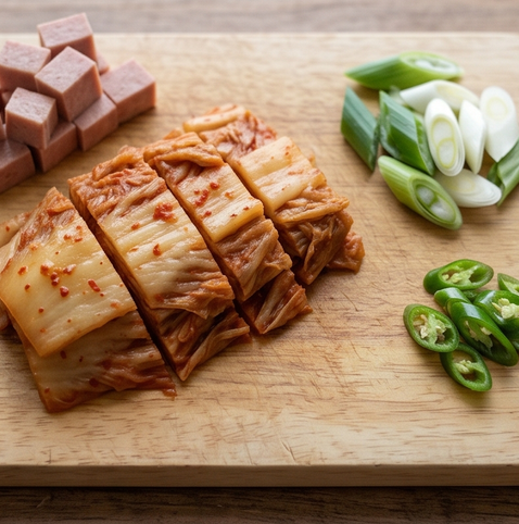 7분 완성, 감칠맛 폭발 스팸 김치찌개 조리 단계 1 이미지 - 김치는 한입 크기로 썰고, 스팸은 비닐봉지에 넣어 으깨거나 0.5cm 두