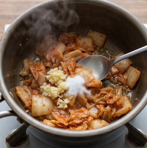 7분 완성, 감칠맛 폭발 스팸 김치찌개 조리 단계 2 이미지 - 냄비에 식용유를 약간 두르고 김치, 설탕, 다진 마늘을 넣어 중불에서 2