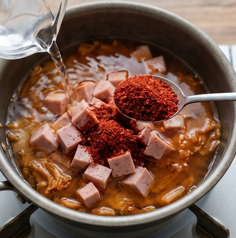 7분 완성, 감칠맛 폭발 스팸 김치찌개 조리 단계 3 이미지 - 김치가 투명해지기 시작하면 물 500ml, 스팸, 고춧가루를 넣고 센 불