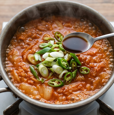 7분 완성, 감칠맛 폭발 스팸 김치찌개 조리 단계 4 이미지 - 국물이 팔팔 끓으면 국간장으로 간을 맞추고, 어슷썬 대파와 청양고추를 넣