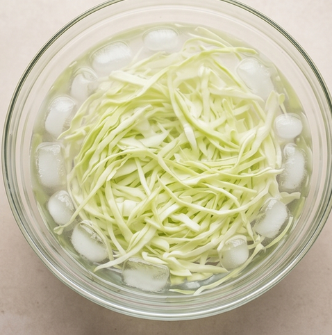 양배추 샐러드 | 일본식 캬베츠 사라다 황금 비율 드레싱 조리 단계 2 이미지 - 채 썬 양배추를 볼에 옮겨 담고 찬물과 얼음을 넣어 3~5분간 담가 아삭