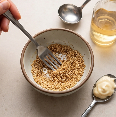 양배추 샐러드 | 일본식 캬베츠 사라다 황금 비율 드레싱 조리 단계 4 이미지 - 볼에 양조간장, 사과식초, 설탕, 참기름, 으깬 통깨를 넣고 설탕이 보이