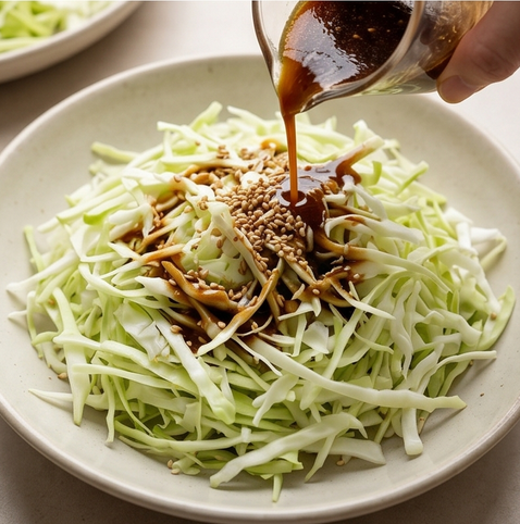 양배추 샐러드 | 일본식 캬베츠 사라다 황금 비율 드레싱 조리 단계 5 이미지 - 접시에 양배추를 풍성하게 올리고, 먹기 직전에 드레싱을 골고루 뿌린 후 