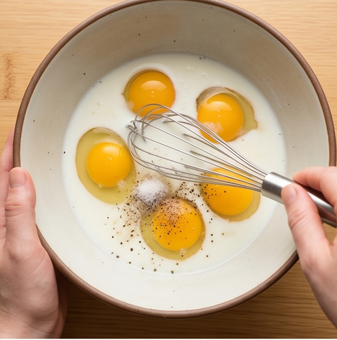 브로콜리 치즈 프리타타 | 이탈리아식 브런치 조리 단계 2 이미지 - 볼에 계란을 넣고 우유, 소금, 후추를 넣어 잘 풀어 섞는다.