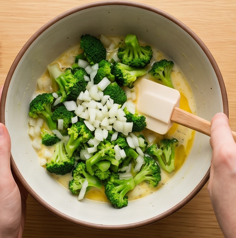 브로콜리 치즈 프리타타 | 이탈리아식 브런치 조리 단계 3 이미지 - 계란물에 데친 브로콜리와 다진 양파를 넣고 골고루 섞는다.