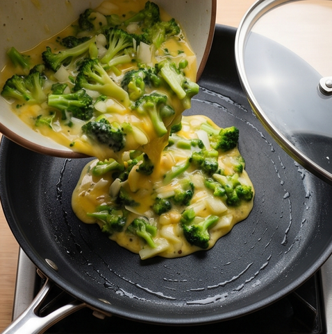 브로콜리 치즈 프리타타 | 이탈리아식 브런치 조리 단계 4 이미지 - 중약불로 달군 프라이팬에 혼합물을 붓고 뚜껑을 덮어 7~10분간 익힌다.