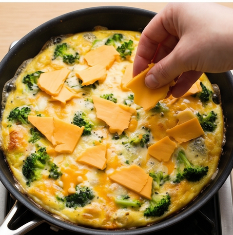 브로콜리 치즈 프리타타 | 이탈리아식 브런치 조리 단계 5 이미지 - 프리타타가 거의 익으면 체다치즈를 찢어 골고루 올리고 1분 더 익힌다.