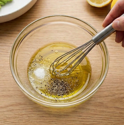 연어 아보카도 샐러드 | 단백질과 오메가 3 조리 단계 3 이미지 - 작은 볼에 올리브오일 1큰술과 레몬즙 1큰술, 소금, 후추를 넣고 거품기
