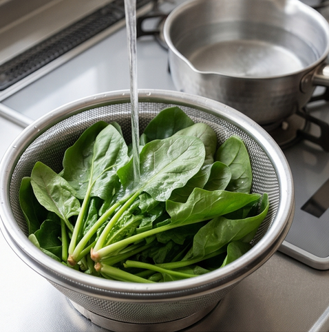 고마아에 | 일본식 시금치 무침 조리 단계 1 이미지 - 시금치는 깨끗이 씻고 뿌리 부분을 다듬은 뒤, 끓는 물에 30초간 데친다