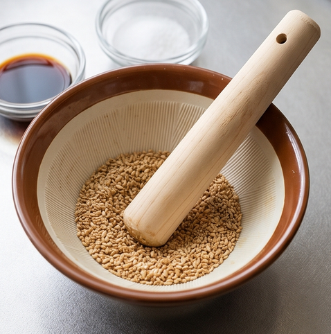 고마아에 | 일본식 시금치 무침 조리 단계 3 이미지 - 볶은 참깨를 절구에 곱게 갈아 간장과 설탕을 넣고 잘 섞는다.