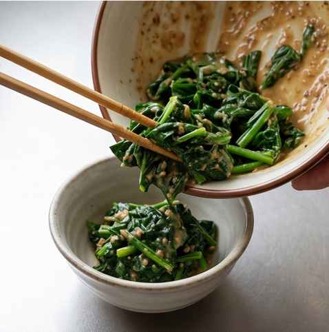고마아에 | 일본식 시금치 무침 조리 단계 5 이미지 - 완성된 시금치를 그릇에 담고, 위에 가쓰오부시를 뿌려 마무리한다.
