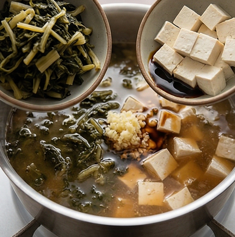 시래기 된장국 조리 단계 4 이미지 - 된장 푼 육수에 데친 시래기, 두부, 다진 마늘, 국간장을 넣고 중불에서