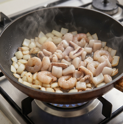 순두부 해물 그라탕 조리 단계 2 이미지 - 달군 팬에 다진 양파와 모둠 해물을 넣고 센 불에서 2분간 빠르게 볶아 