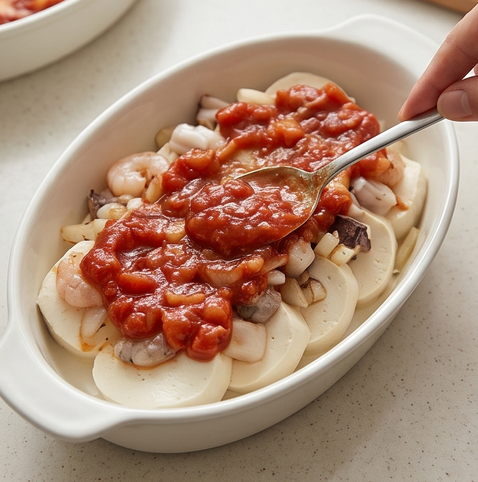 순두부 해물 그라탕 조리 단계 3 이미지 - 오븐용기에 물기 뺀 순두부를 깔고 볶은 해물과 양파를 올린 뒤 토마토소스