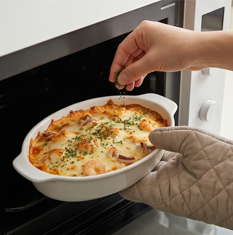 순두부 해물 그라탕 조리 단계 5 이미지 - 180°C로 예열한 에어프라이어나 오븐에서 7~10분간 치즈가 노릇하게 