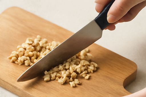 그릭요거트 블루베리 조리 단계 2 이미지 - 호두를 도마 위에 올려 굵게 다집니다.