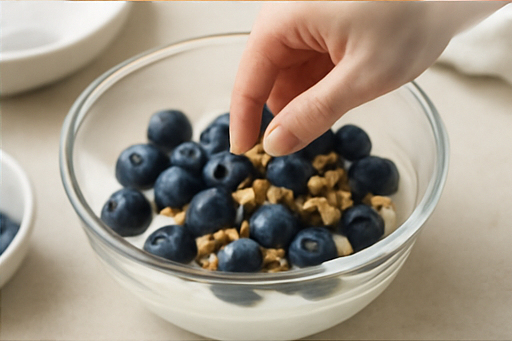 그릭요거트 블루베리 조리 단계 4 이미지 - 그릭요거트 위에 블루베리와 다진 호두를 고루 올립니다.