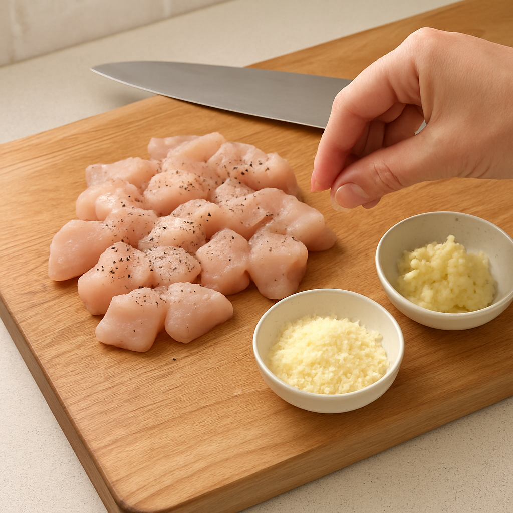 크리미 치킨 알프레도 파스타 조리 단계 1 이미지 - 닭가슴살은 한 입 크기로 썰고 소금, 후추로 밑간합니다. 마늘은 곱게 다