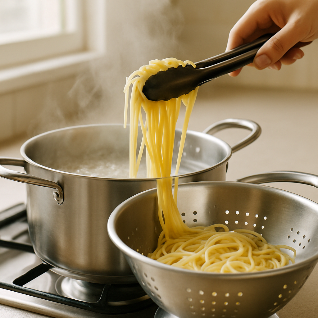 크리미 치킨 알프레도 파스타 조리 단계 2 이미지 - 넓은 냄비에 물을 끓이고 소금을 넣은 뒤 스파게티를 포장지 표기 시간보다