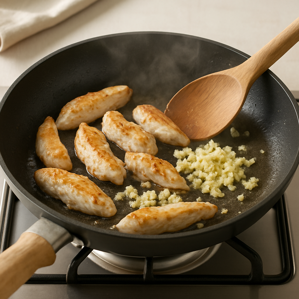 크리미 치킨 알프레도 파스타 조리 단계 3 이미지 - 팬에 올리브오일을 두르고 중불에서 닭가슴살을 노릇하게 익힌 뒤, 다진 마