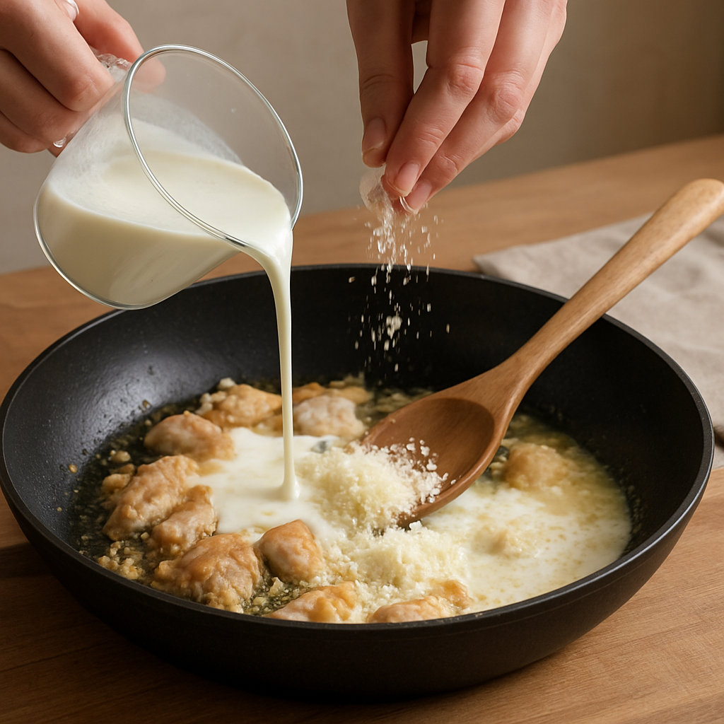 크리미 치킨 알프레도 파스타 조리 단계 4 이미지 - 익힌 닭가슴살과 마늘에 생크림을 붓고 약불로 줄여 2~3분 졸입니다. 파