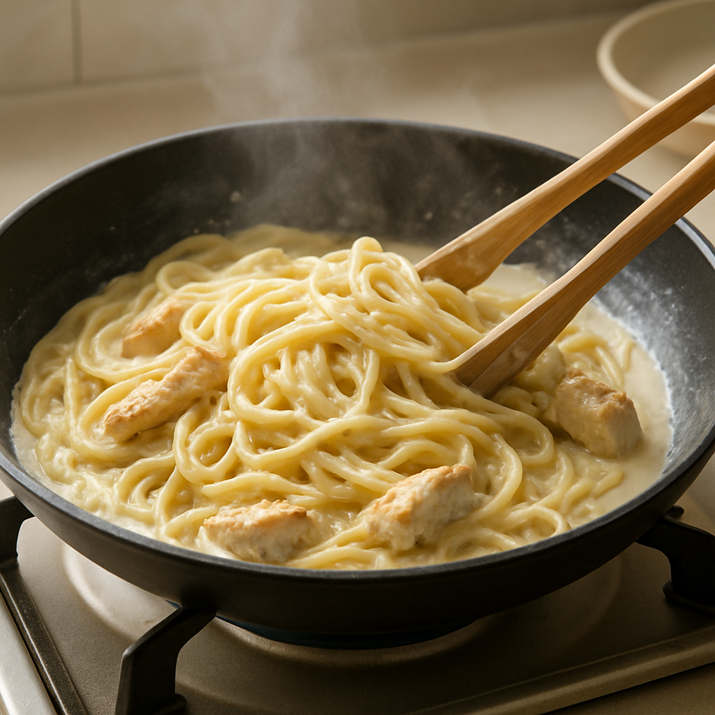 크리미 치킨 알프레도 파스타 조리 단계 5 이미지 - 삶아 둔 파스타를 소스 팬에 넣고 중불에서 1분간 볶아 면에 소스를 고루