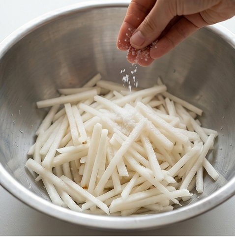 무생채 조리 단계 2 이미지 - 채썬 무에 소금 0.5작은술을 고루 뿌리고 10분간 두어 숨을 죽인다.