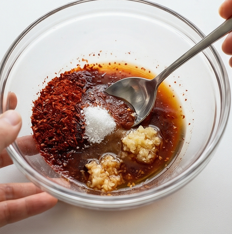 무생채 조리 단계 3 이미지 - 고춧가루, 액젓, 설탕, 식초, 다진 마늘을 작은 볼에 한데 넣고 잘 섞