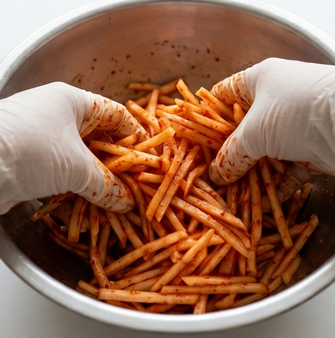 무생채 조리 단계 4 이미지 - 숨이 죽은 무의 물기를 살짝 짜고, 양념장을 넣어 고루 버무린다.