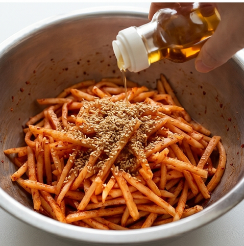 무생채 조리 단계 5 이미지 - 참기름을 두르고 통깨를 뿌려 마지막으로 가볍게 섞는다.