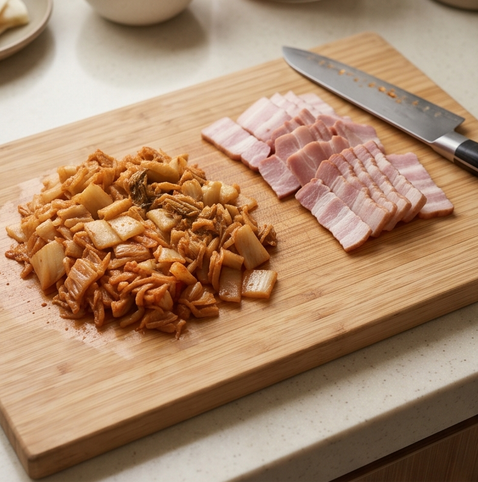 베이컨 김치 퀘사디아 | 또띠아 김치 조합 조리 단계 1 이미지 - 신김치는 속을 털어내고 잘게 다진다. 베이컨은 1cm 폭으로 썬다.