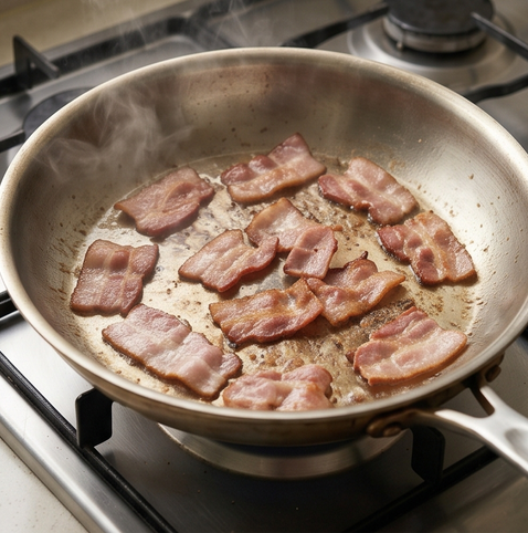 베이컨 김치 퀘사디아 | 또띠아 김치 조합 조리 단계 2 이미지 - 달군 팬에 베이컨을 넣고 바삭하게 굽고, 키친타월에 기름을 뺀다. 같은 