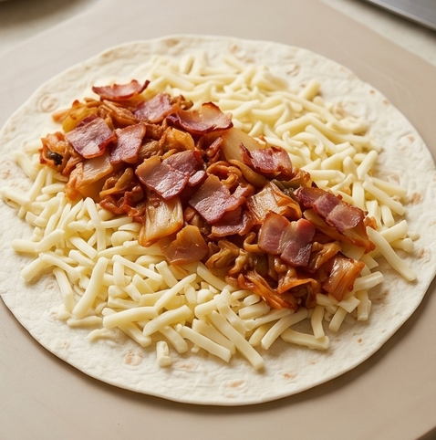 베이컨 김치 퀘사디아 | 또띠아 김치 조합 조리 단계 3 이미지 - 또띠아 한 장 위에 모짜렐라 치즈의 절반을 넓게 펴고, 볶은 김치와 베이