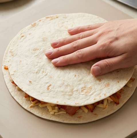 베이컨 김치 퀘사디아 | 또띠아 김치 조합 조리 단계 4 이미지 - 남은 치즈를 다시 한 겹 올리고, 다른 또띠아로 덮는다.