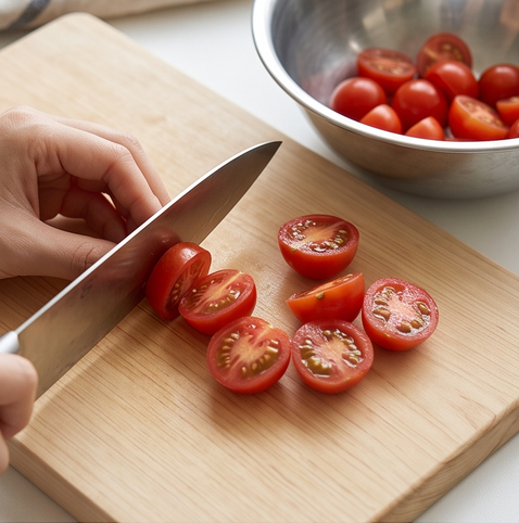 방울 토마토 오이 샐러드 | 라이코펜 흡수율 도움주는 샐러드 조리 단계 1 이미지 - 방울토마토를 깨끗이 씻고 물기를 닦은 뒤, 칼로 반으로 자른다.