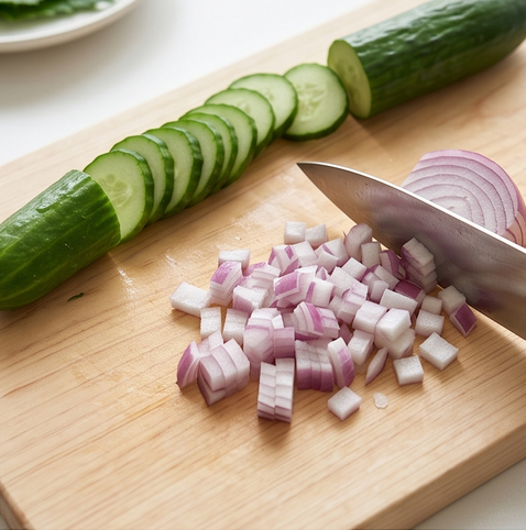 방울 토마토 오이 샐러드 | 라이코펜 흡수율 도움주는 샐러드 조리 단계 2 이미지 - 오이는 길게 반으로 자르고 씨를 긁어낸 뒤 5mm 두께로 썰고, 양파는 