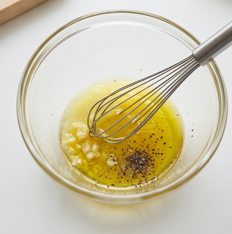 방울 토마토 오이 샐러드 | 라이코펜 흡수율 도움주는 샐러드 조리 단계 4 이미지 - 볼에 다진 마늘, 레몬즙, 올리브유, 구운 소금, 통후추를 넣고 고루 섞