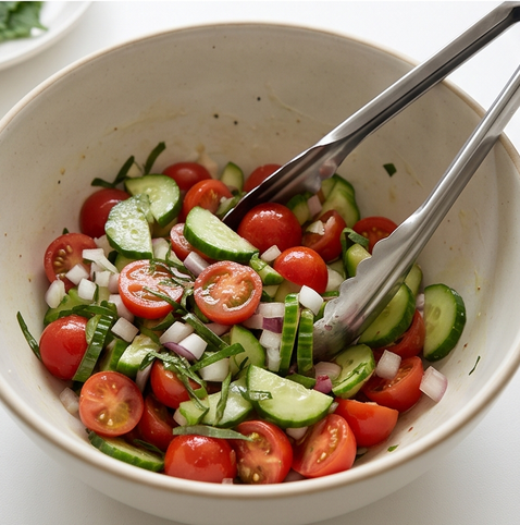 방울 토마토 오이 샐러드 | 라이코펜 흡수율 도움주는 샐러드 조리 단계 5 이미지 - 넓은 볼에 토마토, 오이, 양파, 깻잎을 넣고 드레싱을 부어 가볍게 섞는