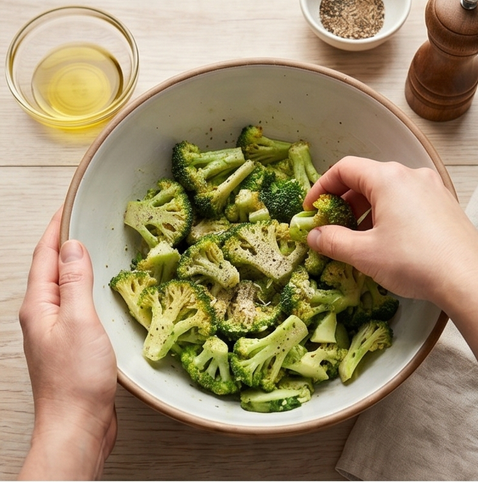 브로콜리 치즈 구이 | 에어프라이어 맥주 안주 조리 단계 2 이미지 - 슬라이스한 브로콜리에 올리브유, 소금, 후추를 넣고 골고루 버무린다.