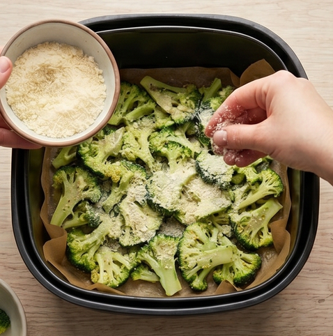 브로콜리 치즈 구이 | 에어프라이어 맥주 안주 조리 단계 3 이미지 - 양념한 브로콜리를 에어프라이어 바스켓에 펼쳐 담고, 파마산 치즈 가루를 