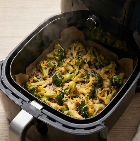 브로콜리 치즈 구이 | 에어프라이어 맥주 안주 조리 단계 4 이미지 - 에어프라이어를 190도로 예열한 뒤, 브로콜리를 넣고 10~15분간 바삭