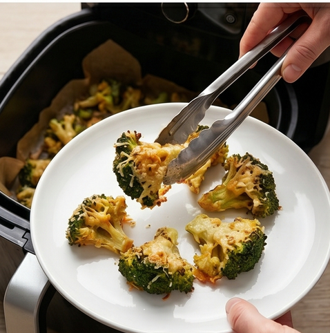 브로콜리 치즈 구이 | 에어프라이어 맥주 안주 조리 단계 5 이미지 - 구워진 브로콜리를 꺼내 접시에 담는다.